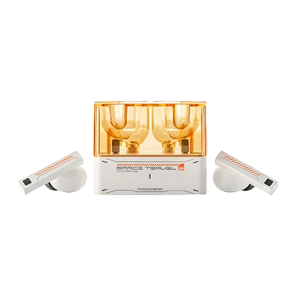 Boîtier translucide orange et blanc futuriste, écouteurs TWS intra-auriculaires compacts, accents graphiques orange, embouts ronds, design épuré et moderne - Ítem1