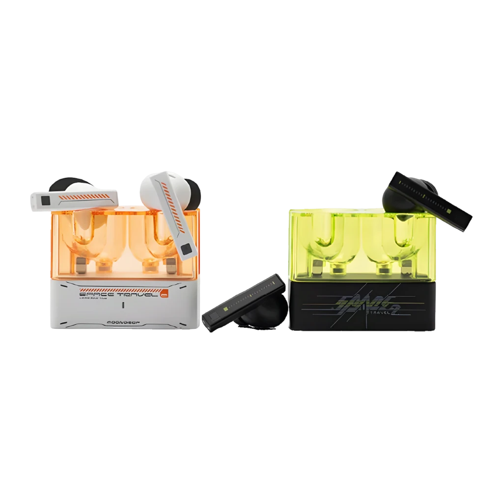Boîtier translucide orange et blanc futuriste, écouteurs TWS intra-auriculaires compacts, accents graphiques orange, embouts ronds, design épuré et moderne - Ítem2