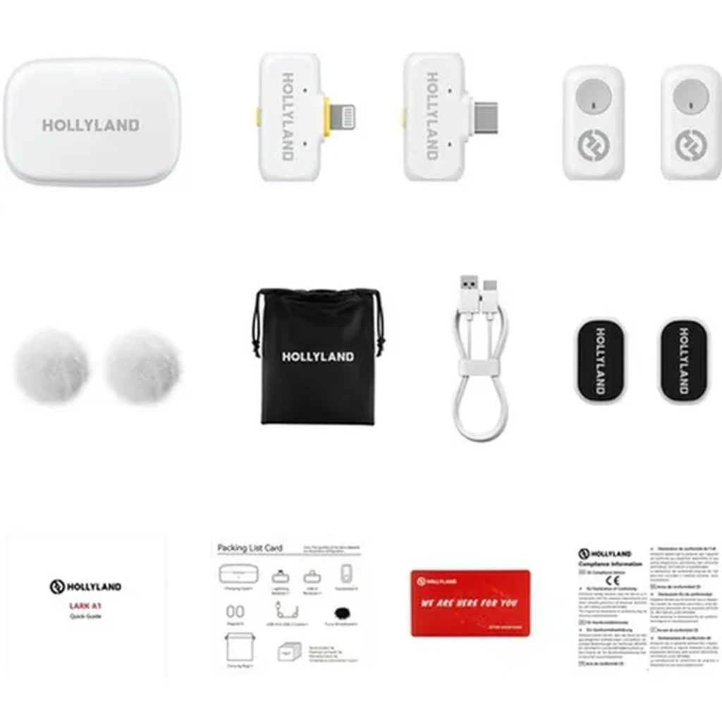 Microfone Hollyland Lark A1 Combo branco com case compacta, dois transmissores lapela, receptor USB-C e adaptador Lightning, design minimalista - Item2