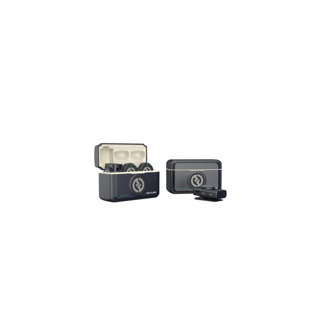 Microphone Hollyland Lark M2 Combo Sans Fil à Pince avec étui de charge, deux émetteurs compacts à clip et récepteur, voyants LED bleus, design noir