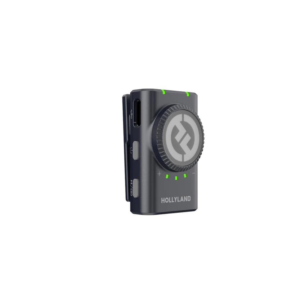 Microphone Hollyland Lark M2 Combo Sans Fil à Pince avec clip métallique, boîtier compact noir, molette latérale, voyants LED verts et port USB-C