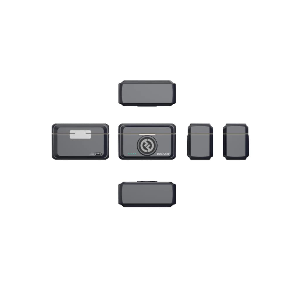 Microphone Hollyland Lark M2 Combo Sans Fil à Pince avec boîtier de charge et deux émetteurs compacts gris, indicateurs LED et design minimaliste modulaire
