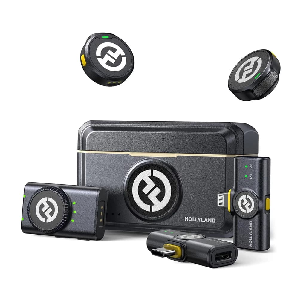 Microphone Hollyland Lark M2 Combo Sans Fil à Pince avec deux émetteurs ronds, récepteur compact, adaptateur USB-C et étui noir, voyants LED verts