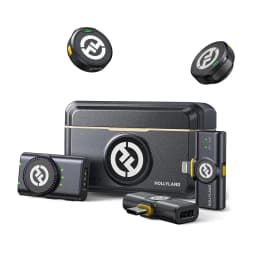 Microphone Hollyland Lark M2 Combo Sans Fil à Pince avec deux émetteurs ronds, récepteur compact, adaptateur USB-C et étui noir, voyants LED verts