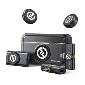 Micrófono Hollyland Lark M2 Combo Inalámbrico de Solapa con transmisores circulares, receptor compacto, adaptador USB-C y estuche negro con LEDs indicadores