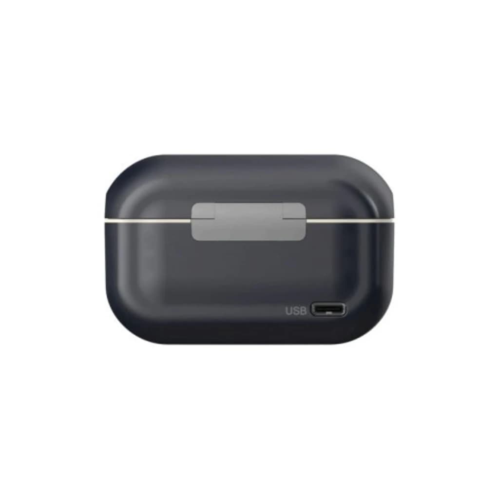 Boîtier de charge compact noir avec charnière grise et port USB-C, fin liseré clair. Surface lisse arrondie pour microphones Lark M2 Duo Mobile.