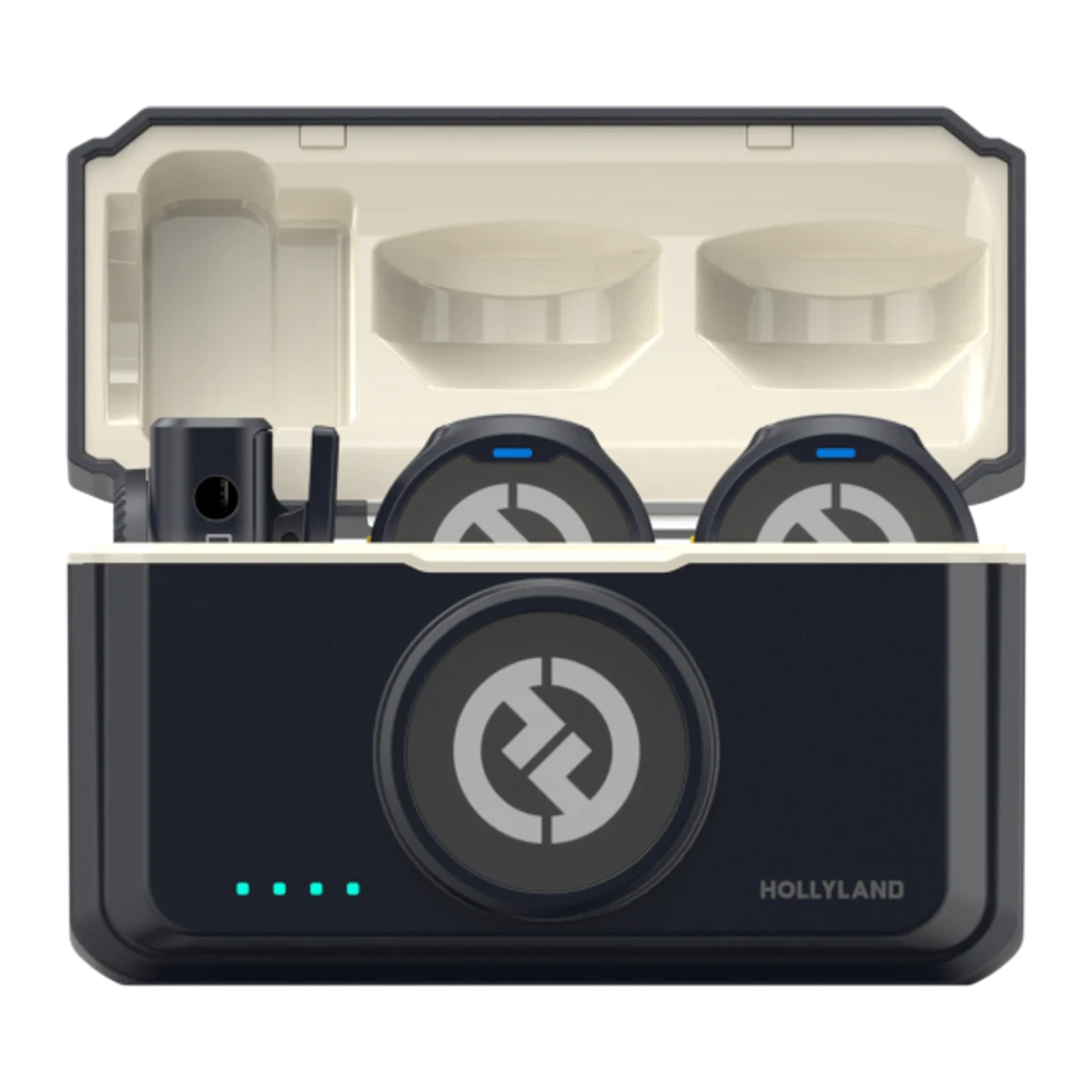 Micrófono Hollyland Lark M2 Mini Combo Inalámbrico de Solapa con dos transmisores compactos, receptor, estuche de carga y diseño negro con acentos azules y - Ítem1