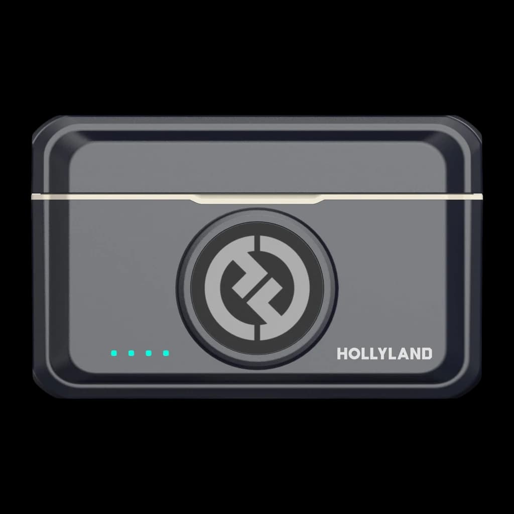 Boîtier récepteur compact Hollyland Lark M2 Mini, finition gris foncé, logo central, quatre voyants LED bleus, bordure claire, angle arrondi