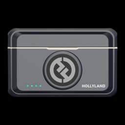 Boîtier récepteur compact Hollyland Lark M2 Mini, finition gris foncé, logo central, quatre voyants LED bleus, bordure claire, angle arrondi