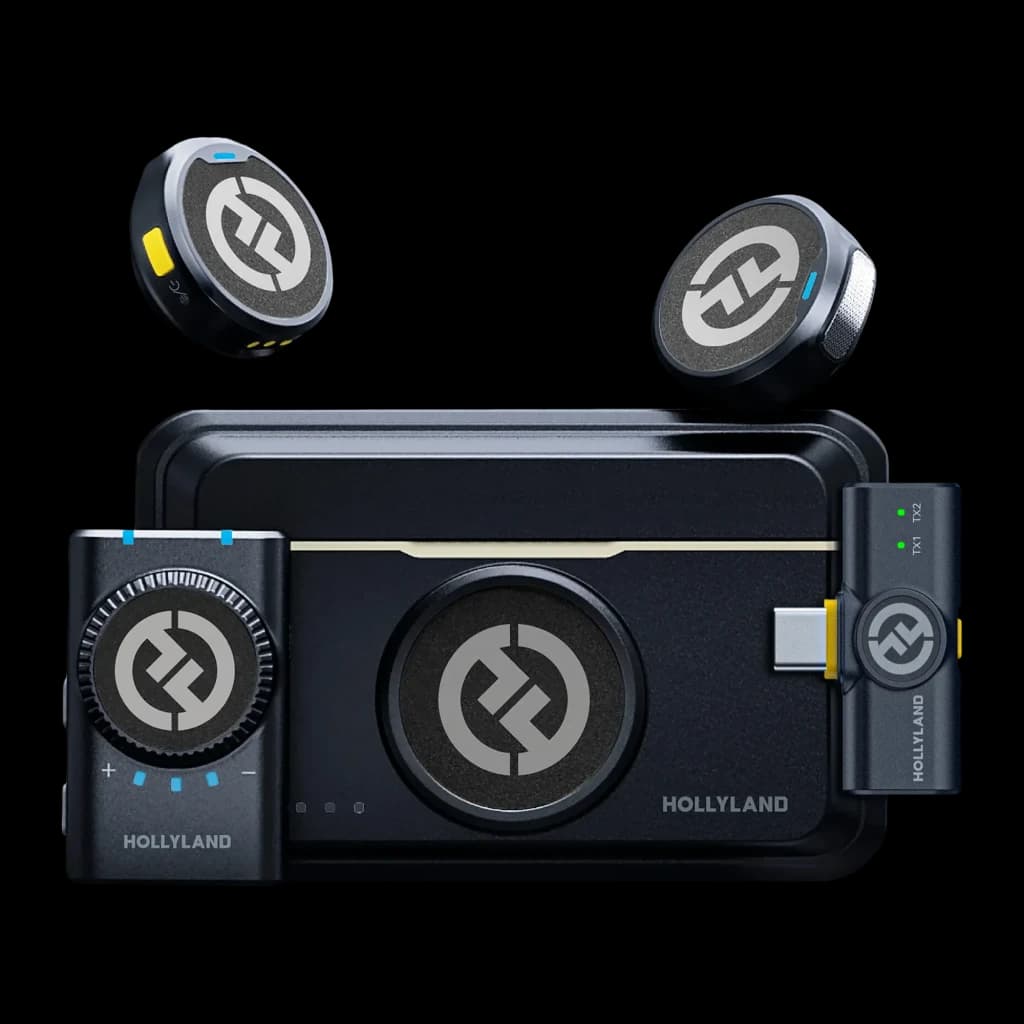 Microphone Hollyland Lark M2 Mini Combo Sans Fil Micro-Cravate avec deux émetteurs compacts, récepteur USB-C, boîtier de charge noir et finition métallique