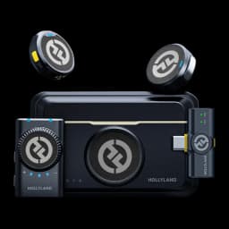 Microphone Hollyland Lark M2 Mini Combo Sans Fil Micro-Cravate avec deux émetteurs compacts, récepteur USB-C, boîtier de charge noir et finition métallique