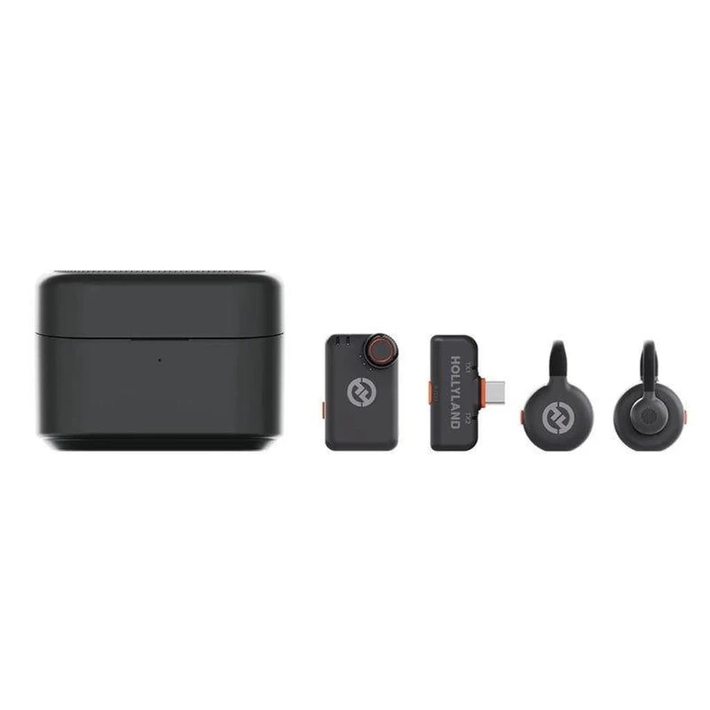 Microphone Hollyland LARK M2S Mini Combo Sans Fil Micro-Cravate avec étui de charge noir, deux émetteurs compacts, récepteur USB et clips ronds élégants