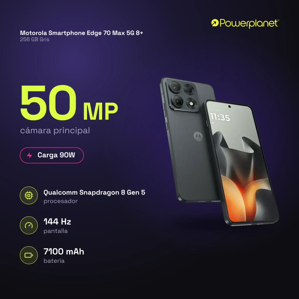 Motorola Edge 70 Max 5G gris con pantalla AMOLED 6,82 pulgadas 144Hz, agujero centrado, triple cámara trasera con módulo cuadrado y logo M - Ítem9