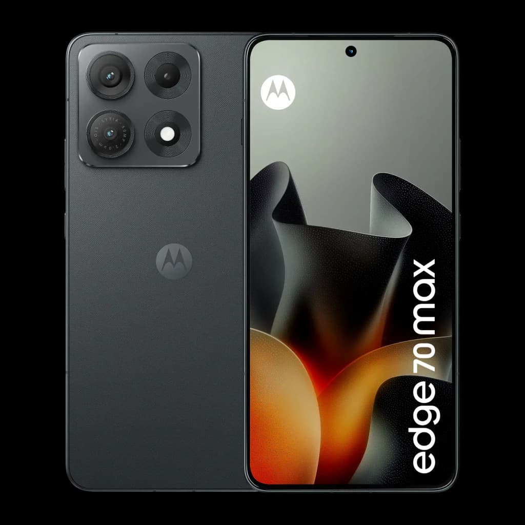 Motorola Edge 70 Max 5G gris con pantalla AMOLED 6,82 pulgadas 144Hz, agujero centrado, triple cámara trasera con módulo cuadrado y logo M