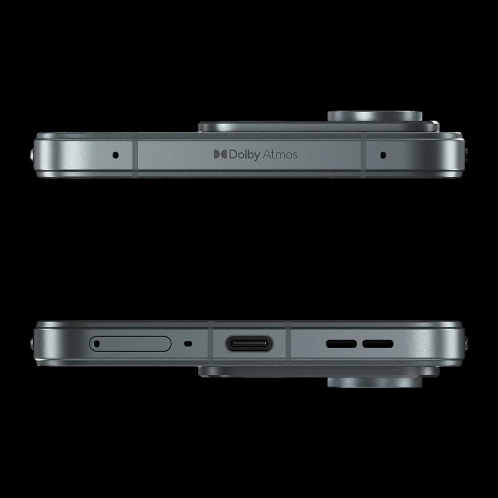 Bordes metálicos en gris con módulo de cámara sobresaliente, USB-C centrado, rejillas de altavoz, micrófonos y bandeja SIM; acabado premium y delgado