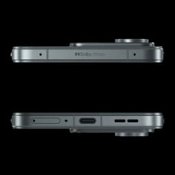 Bordes metálicos en gris con módulo de cámara sobresaliente, USB-C centrado, rejillas de altavoz, micrófonos y bandeja SIM; acabado premium y delgado