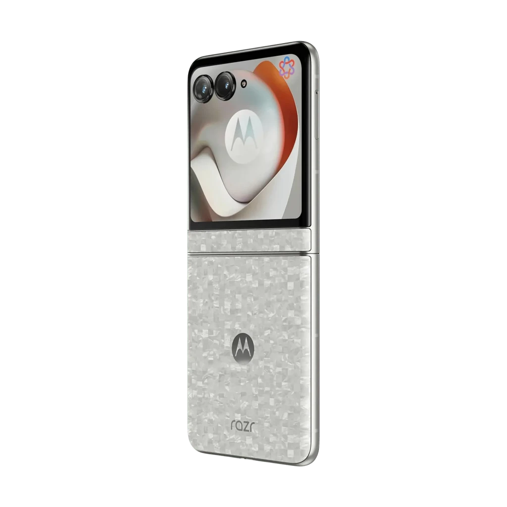 Motorola Razr 70 5G Bright White pliable, coque texturée blanche, écran externe large, double caméra, logo Motorola centré, 256 Go, 8 Go, batterie 4800 mAh - Ítem1