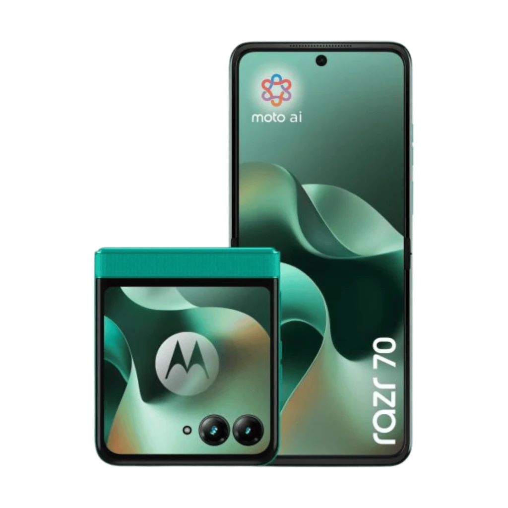 Motorola Razr 70 5G Sporting Green pliable, double appareil photo arrière, écran externe carré brillant, dos texturé vert, logo M centré, 256 Go et 8 Go - Ítem1