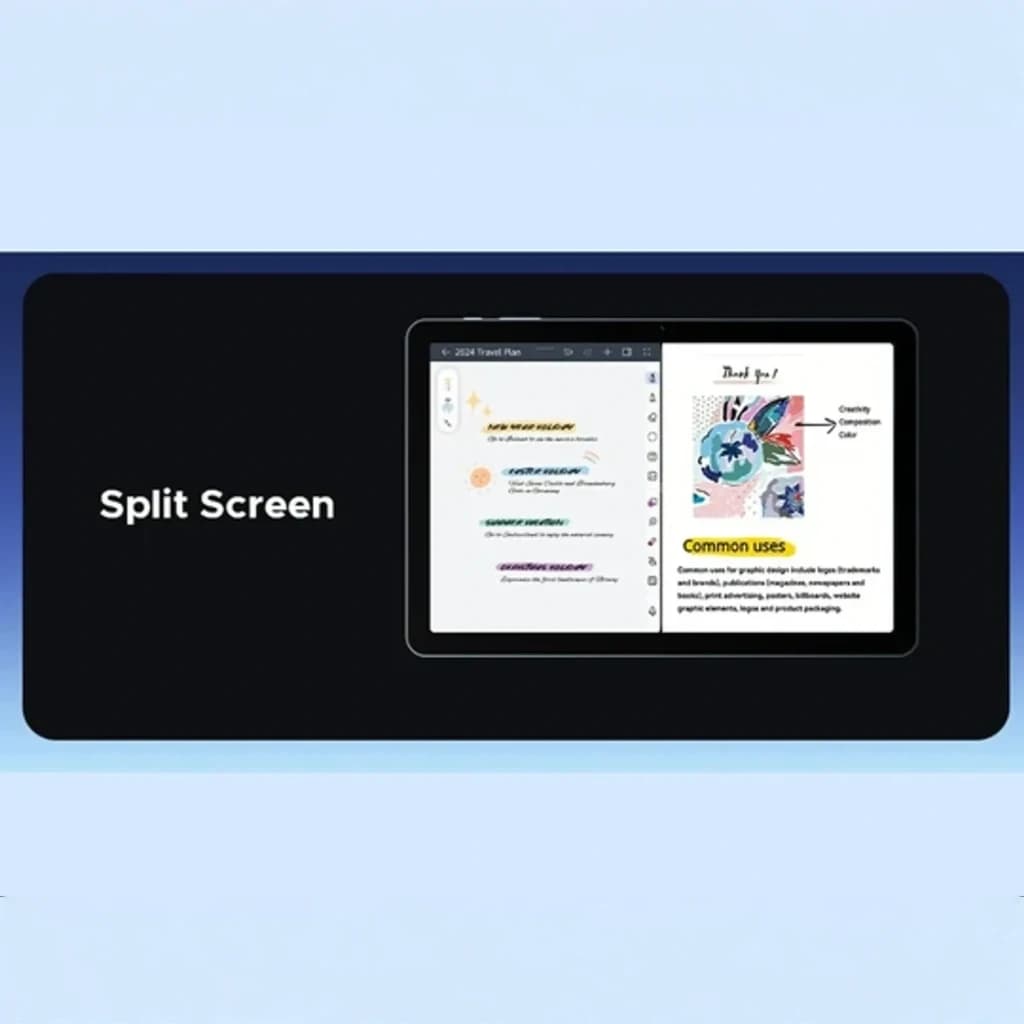 Tela do Doogee Tab G5 exibindo modo Split Screen: anotações e leitura lado a lado em ecrã IPS 10,1 pol, bordas finas, fluidez 120 Hz, cor azul