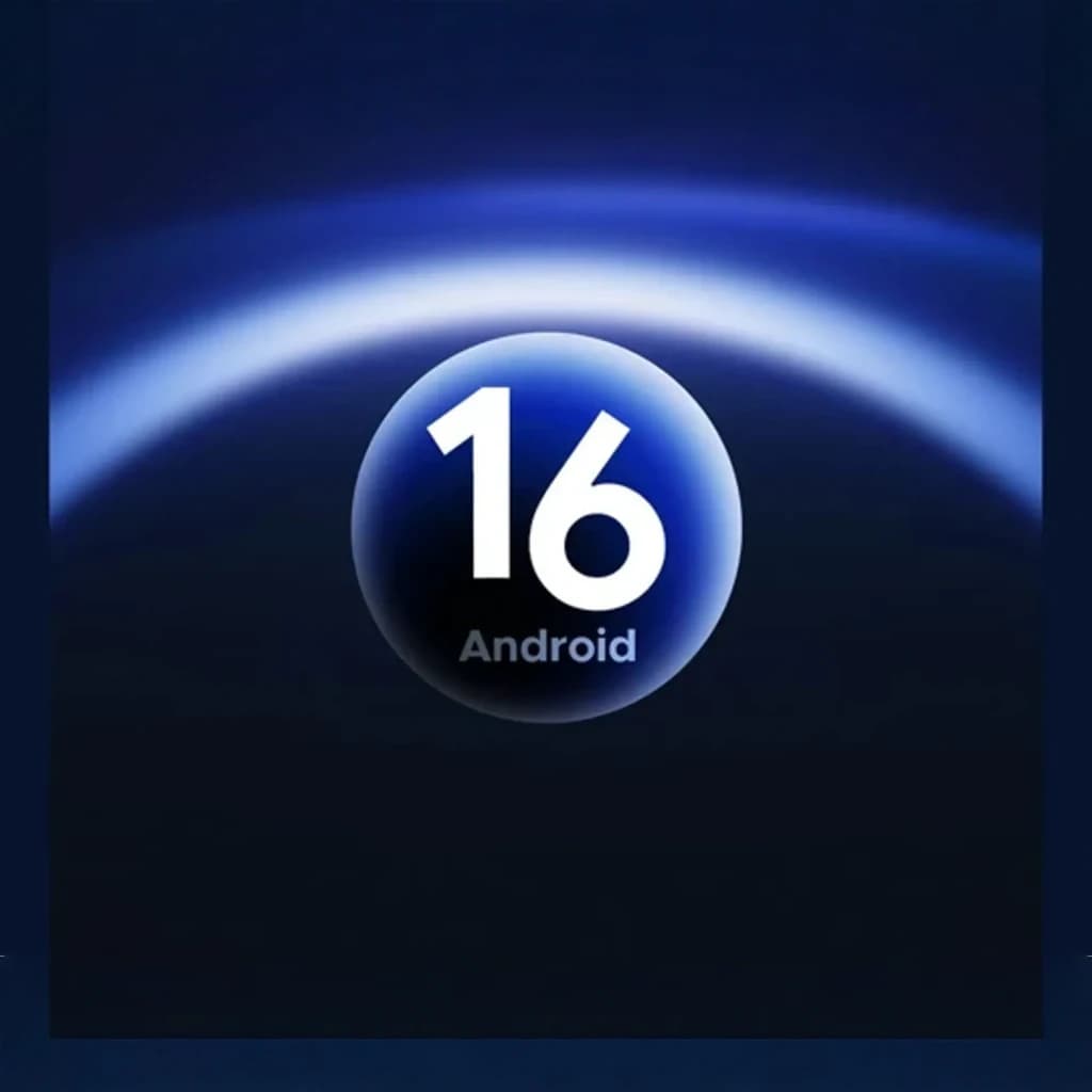Ícone Android 16 em esfera azul sobre fundo escuro com brilho em arco, estilo minimalista e futurista, cores azul e preto com gradiente suave
