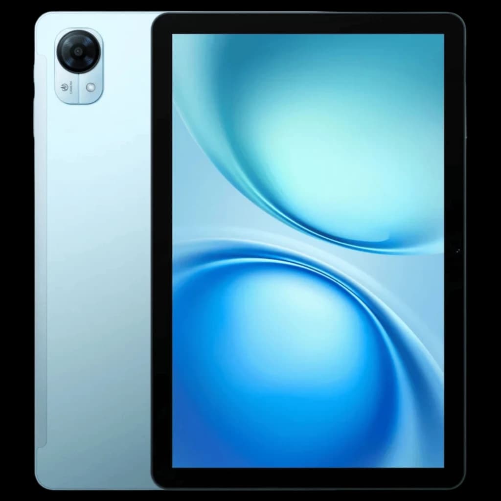Tablet azul com tela IPS 10,1 polegadas 120 Hz, bordas finas e câmera traseira grande; corpo metálico elegante, design moderno e simétrico