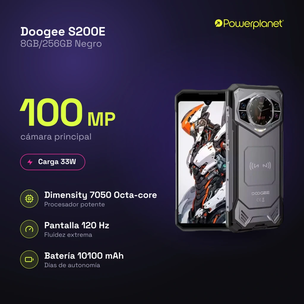 Doogee S200E negro robusto con pantalla 6,72 IPS 120Hz, frontal con notch y biseles delgados; trasera con módulo octogonal, doble cámara y pantalla circular - Ítem7