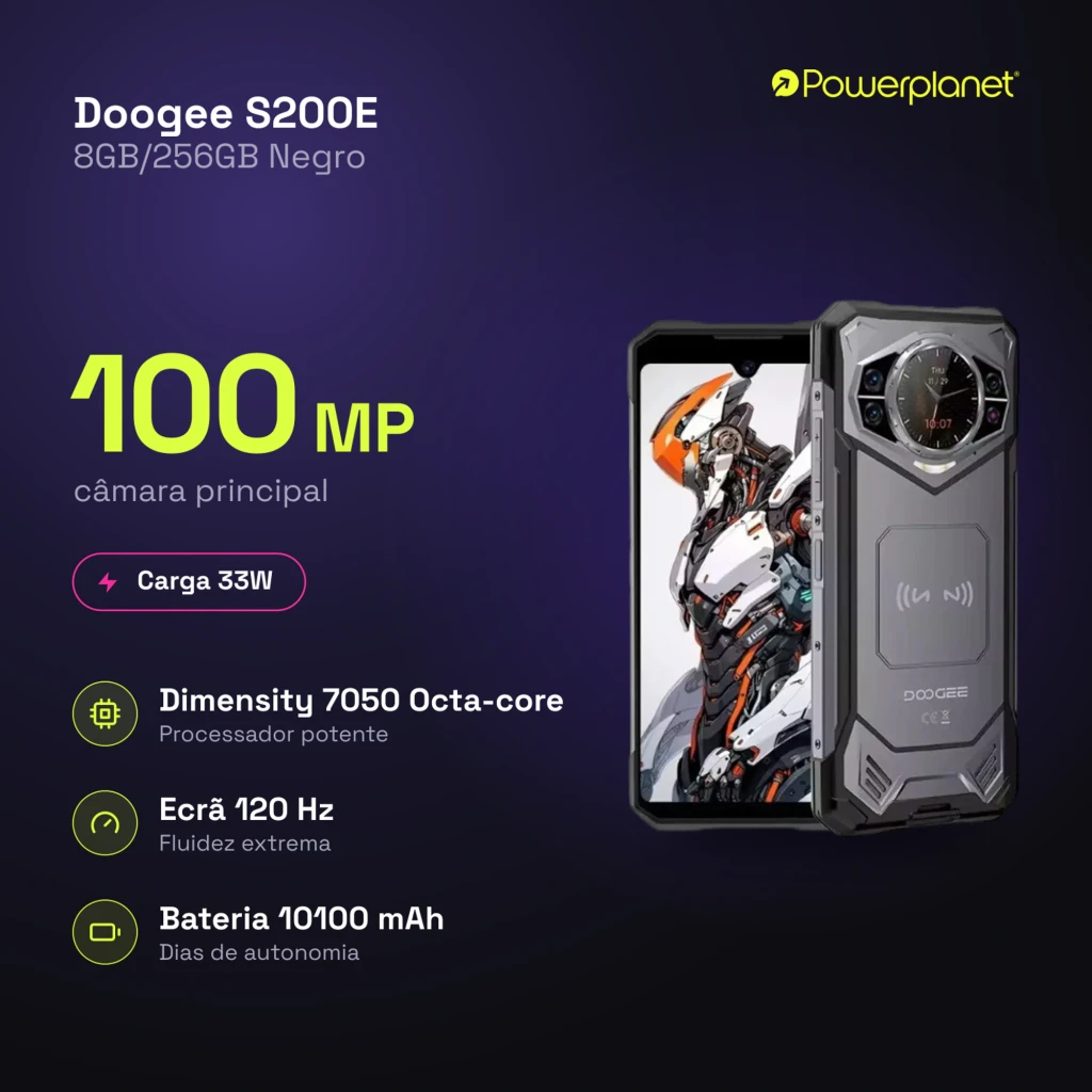 Doogee S200E negro robusto con pantalla 6,72 IPS 120Hz, frontal con notch y biseles delgados; trasera con módulo octogonal, doble cámara y pantalla circular - Ítem6