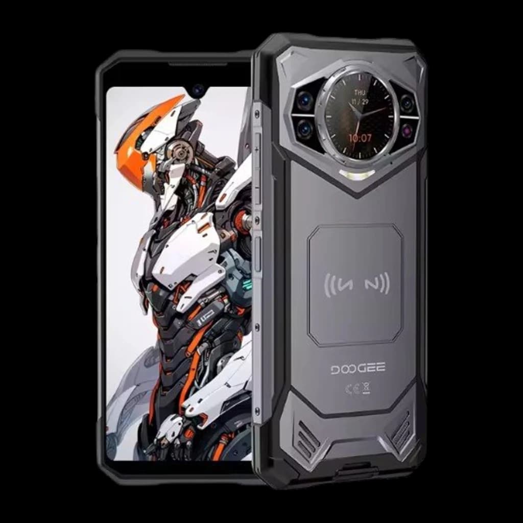Doogee S200E negro robusto con pantalla 6,72 IPS 120Hz, frontal con notch y biseles delgados; trasera con módulo octogonal, doble cámara y pantalla circular