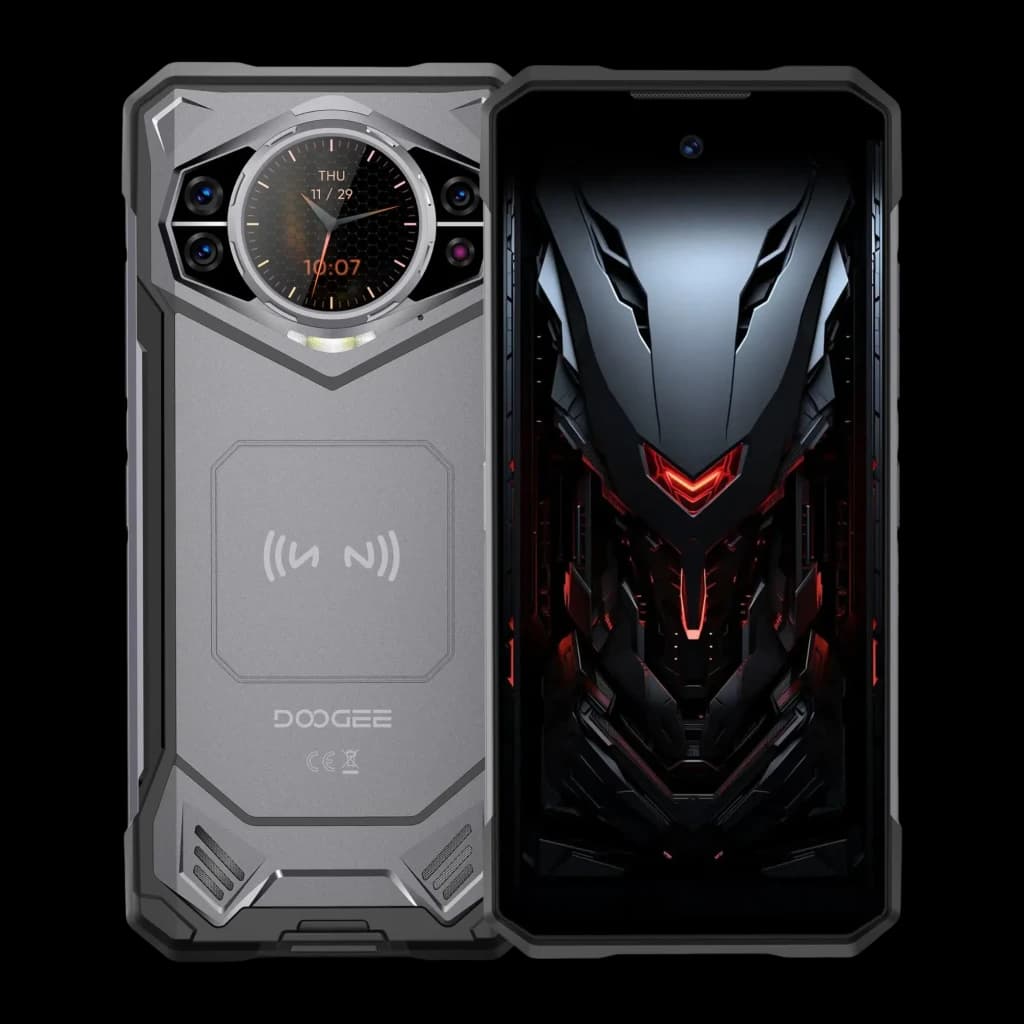 Doogee S200E 8GB/256GB negro con cuerpo rugerizado, pantalla 6,72 pulgadas IPS 120Hz, bisel trasero con reloj circular y cámaras duales, diseño futurista