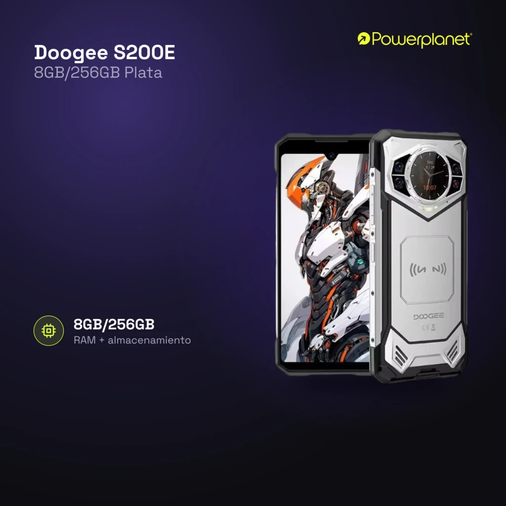 Doogee S200E plata rugerizado con bordes reforzados, pantalla con notch en V, módulo trasero hexagonal con reloj digital y cámaras, 8GB/256GB, batería - Ítem4