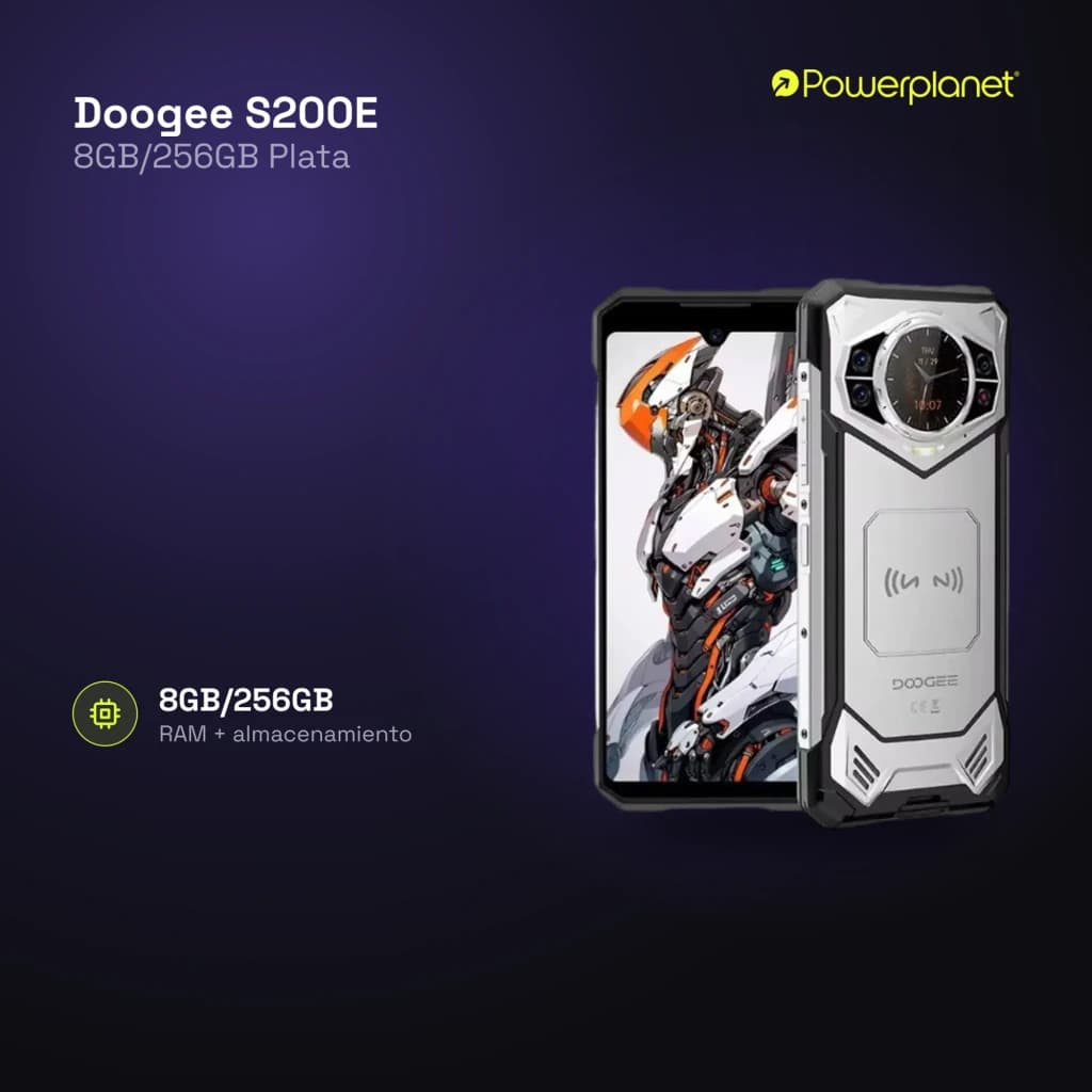 Doogee S200E plateado robusto con carcasa metálica, pantalla grande, módulos atornillados, carga inalámbrica marcada y cámara trasera con diseño