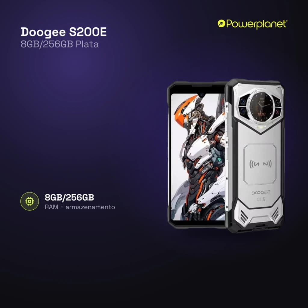 Smartphone rugerizado plata con pantalla grande, doble módulo trasero robusto, detalles metálicos, 8GB/256GB, batería 10100mAh, certificación IP68/IP69K