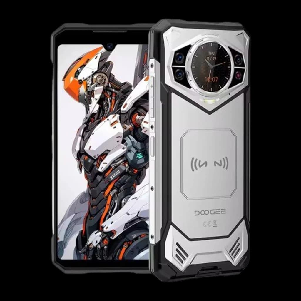 Doogee S200E plata rugerizado con bordes reforzados, pantalla con notch en V, módulo trasero hexagonal con reloj digital y cámaras, 8GB/256GB, batería