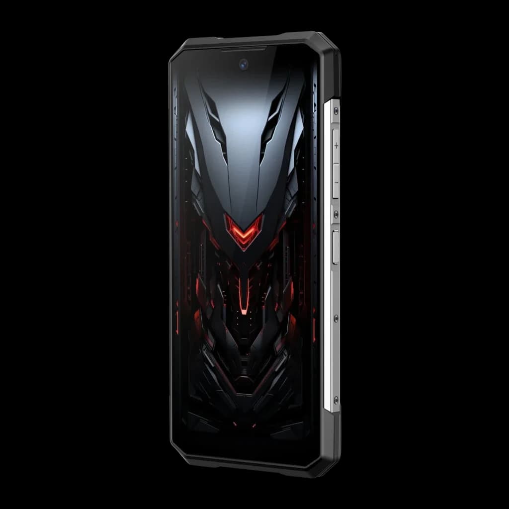 Doogee S200E plata con marco robusto negro y lateral metálico, pantalla completa con diseño futurista rojo, botones laterales y perfil resistente IP68 IP69K