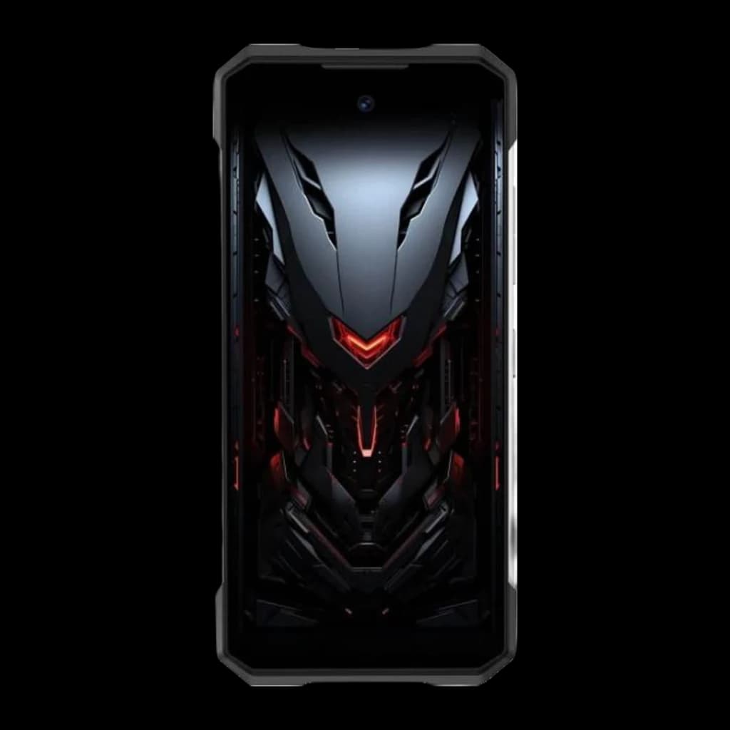 Doogee S200E 8GB/256GB Plata con carcasa robusta negra, bordes reforzados y pantalla con diseño futurista rojo; resistente IP68/IP69K y batería 10100mAh