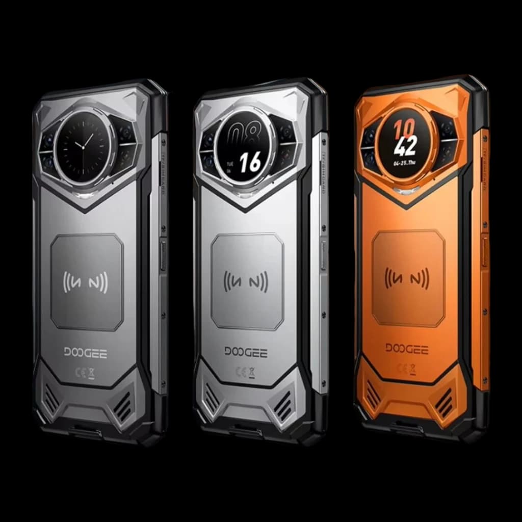 Doogee S200E 8GB/256GB en plata y naranja, diseño robusto con bordes reforzados, módulo circular trasero con pantalla, carga inalámbrica y certificación