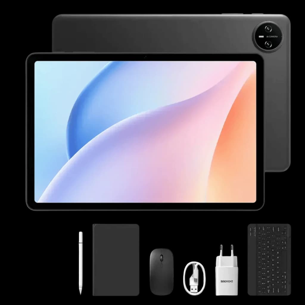 Doogee Tab A9 10,1 pulgadas negro con pantalla sin bordes, cámara trasera circular, stylus, teclado, ratón, cargador y cable USB; 3GB RAM y 64GB