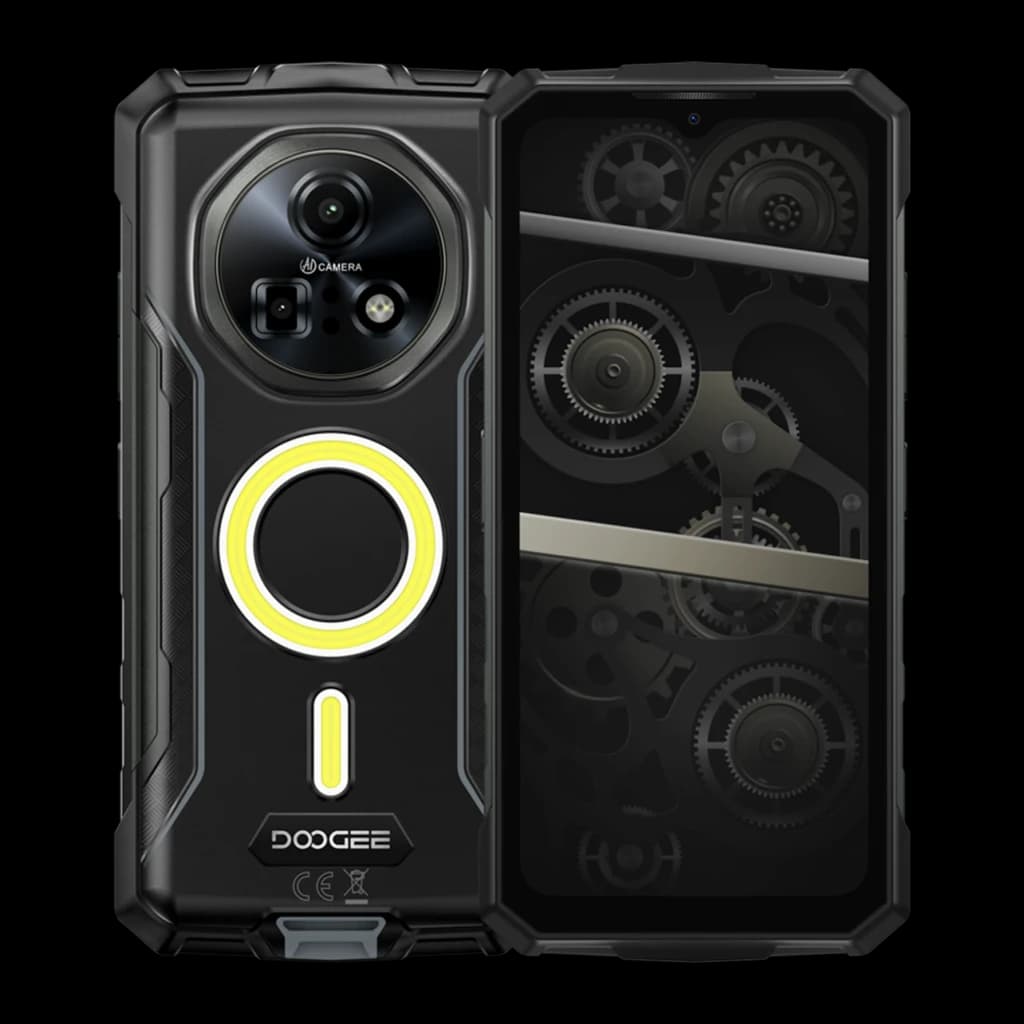 Smartphone rugerizado plateado con gran módulo circular de cámara, aro luminoso trasero, cuerpo robusto con refuerzos y pantalla con diseño de engranajes