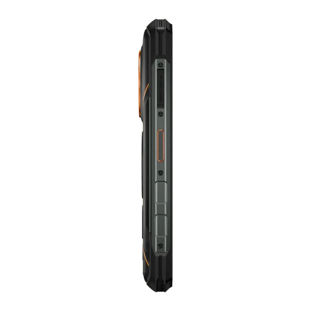 Smartphone robuste argent avec coque renforcée noire, anneau lumineux jaune au dos, module photo circulaire triple, écran noir aux engrenages visibles, style - Ítem5