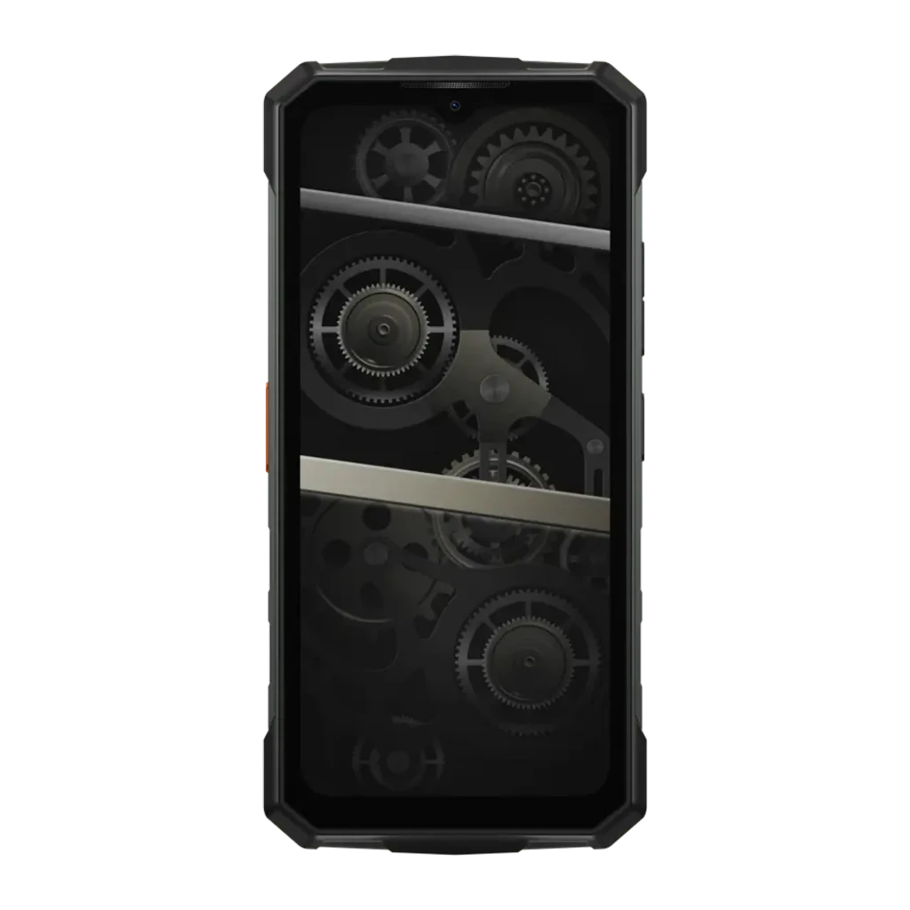 Smartphone robuste argent avec coque renforcée noire, anneau lumineux jaune au dos, module photo circulaire triple, écran noir aux engrenages visibles, style - Ítem4