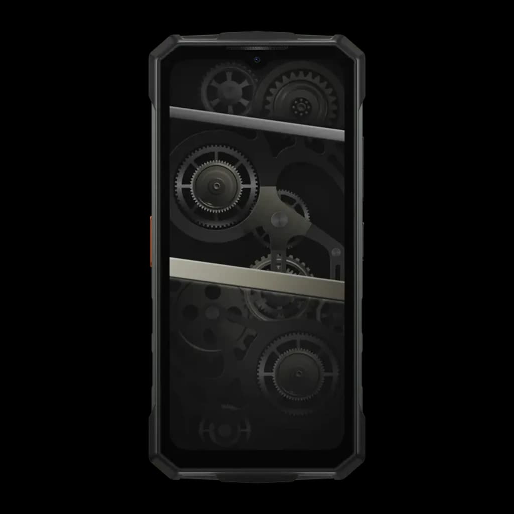 Smartphone rugerizado plata con marco robusto, pantalla frontal con biseles gruesos y diseño industrial de engranajes, esquinas reforzadas y botón lateral