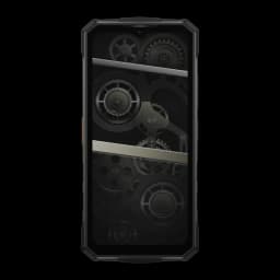 Smartphone rugerizado plata con marco robusto, pantalla frontal con biseles gruesos y diseño industrial de engranajes, esquinas reforzadas y botón lateral