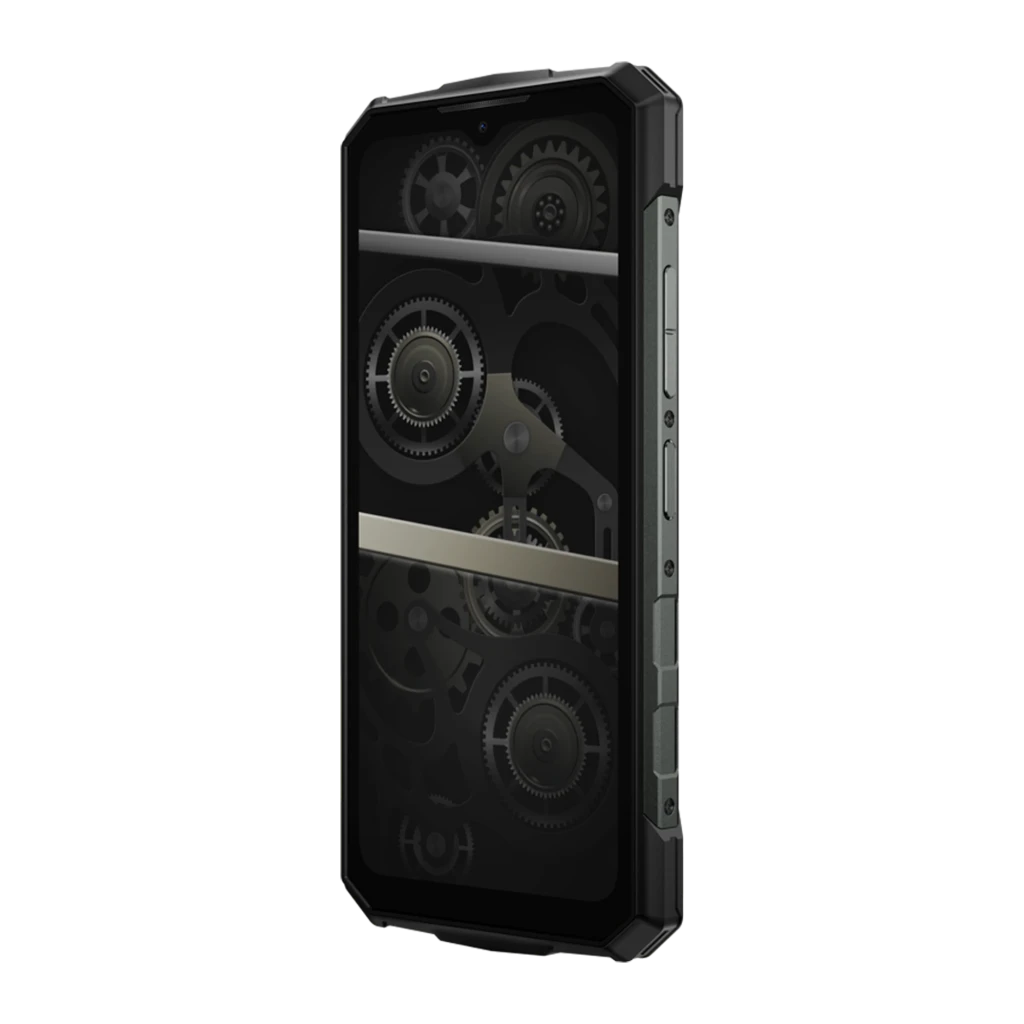 Smartphone robuste argent avec coque renforcée noire, anneau lumineux jaune au dos, module photo circulaire triple, écran noir aux engrenages visibles, style - Ítem3