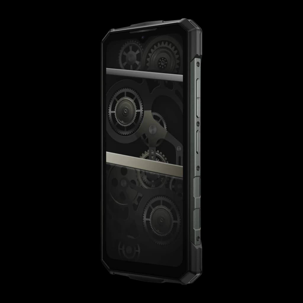 Smartphone robusto color plata con marco reforzado, botones laterales y diseño trasero estilo engranajes visibles; pantalla frontal amplia y bordes angulados