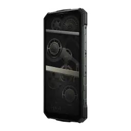 Smartphone robusto color plata con marco reforzado, botones laterales y diseño trasero estilo engranajes visibles; pantalla frontal amplia y bordes angulados