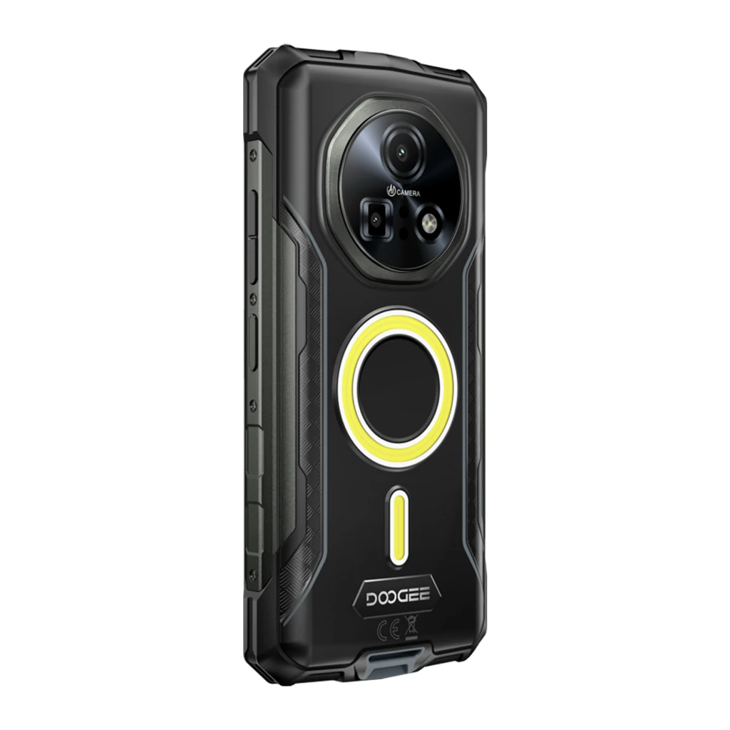 Smartphone robuste argent avec coque renforcée noire, anneau lumineux jaune au dos, module photo circulaire triple, écran noir aux engrenages visibles, style - Ítem2