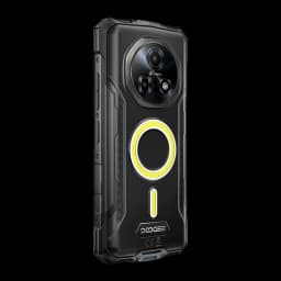 Smartphone rugerizado plateado con gran módulo de cámara circular, aro luminoso trasero amarillo, carcasa robusta negra con bordes reforzados y botones