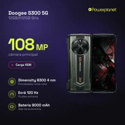 Doogee S300 5G plateado y robusto, módulo trasero circular, pantalla 6,78 IPS 120 Hz con biseles finos, detalles rojos, 108 MP, carga 45 W, 9000 mAh