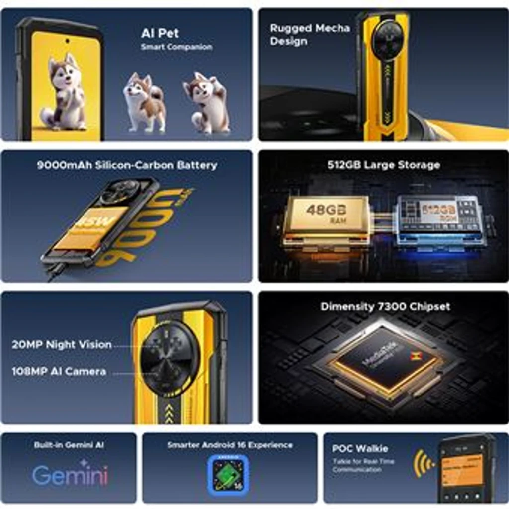Smartphone robusto gris con carcasa reforzada, triple cámara trasera circular, pantalla grande sin notch, bordes protegidos y detalles naranjas estilo - Ítem6