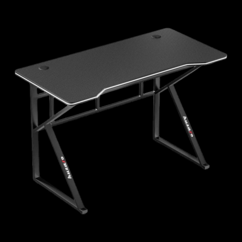 Huzaro Mesa gaming Hero 1.6 Negro, vista en perspectiva: superficie carbono con borde blanco y patas en Z negras con logo